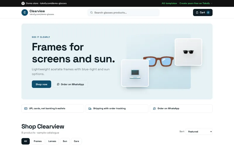 Preview of the Glasses template: Clearview demo store